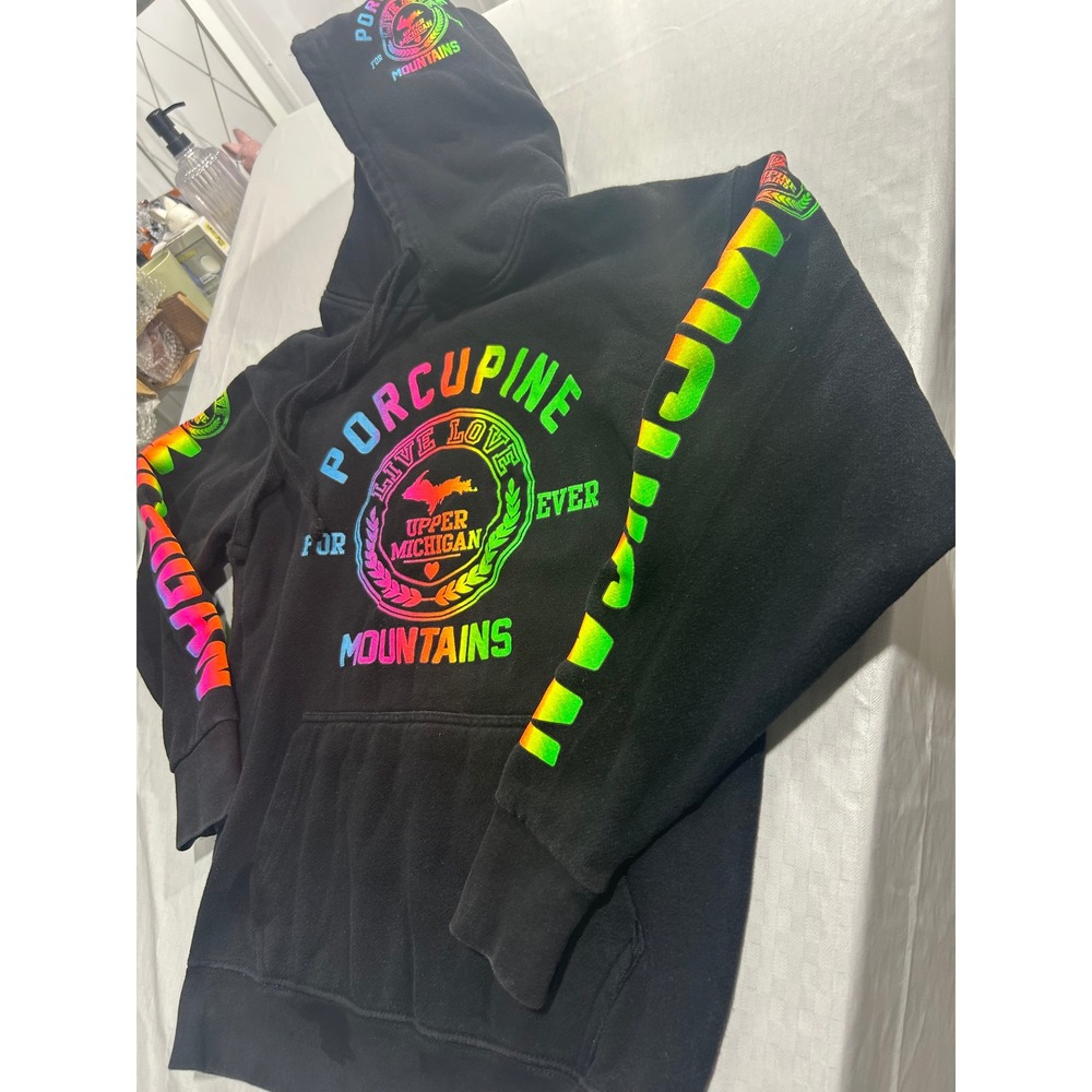 Popular Apparel Porcupine Mountains Upper Michigan Neon Rainbow Hoodie Small